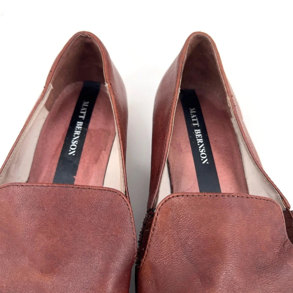Matt Bernson Womens Leather Loafers Cognac Brown Braided Heel Slip Ons Flats 8.5